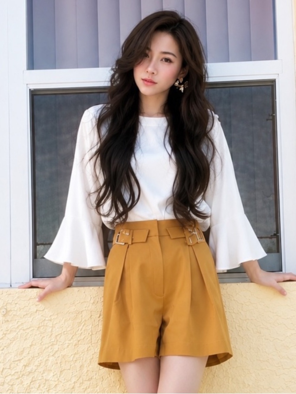 Mustard High-Waist Pleated Bermuda Shorts with Buckle Detail